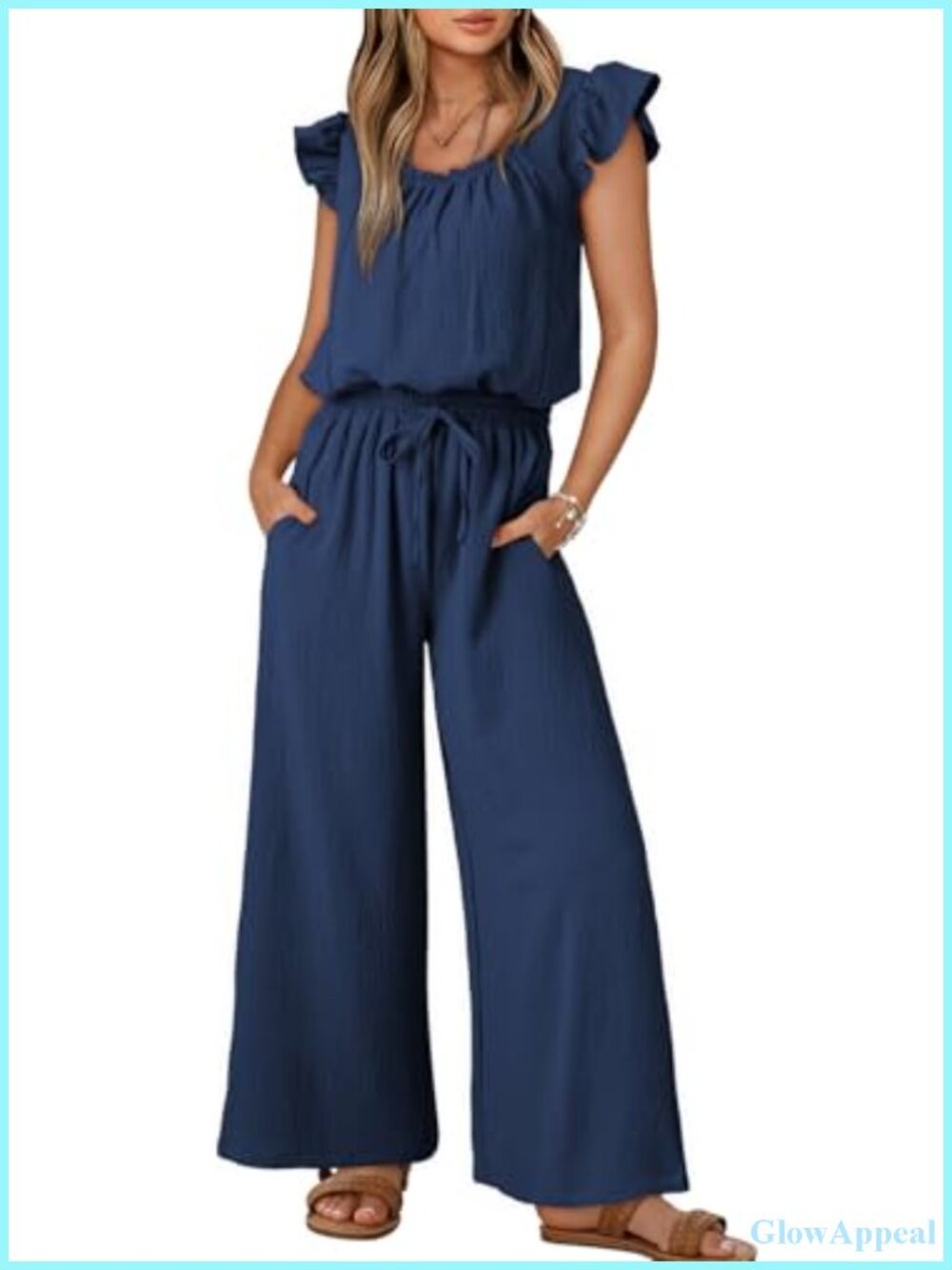 Square Neck Ruffle Sleeve Jumpsuit Wide Leg Romper with Pockets
